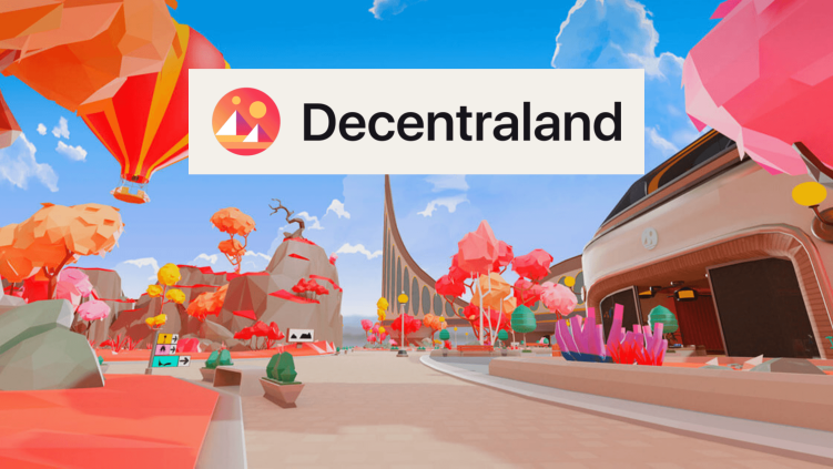 Image représentant la vue d'un utilisateur de decentraland à travers son casque virtuel. Vous avez la vue sur le metaverse avec le nom et le logo Decentraland