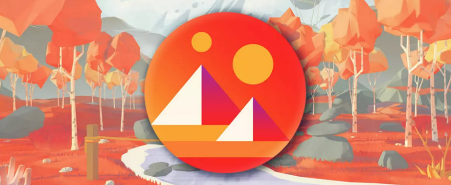 Paysage du metaverse Decentraland. Au milieu de l'image se trouve le Logo de Decentraland avec deux pyramides et deux soleils